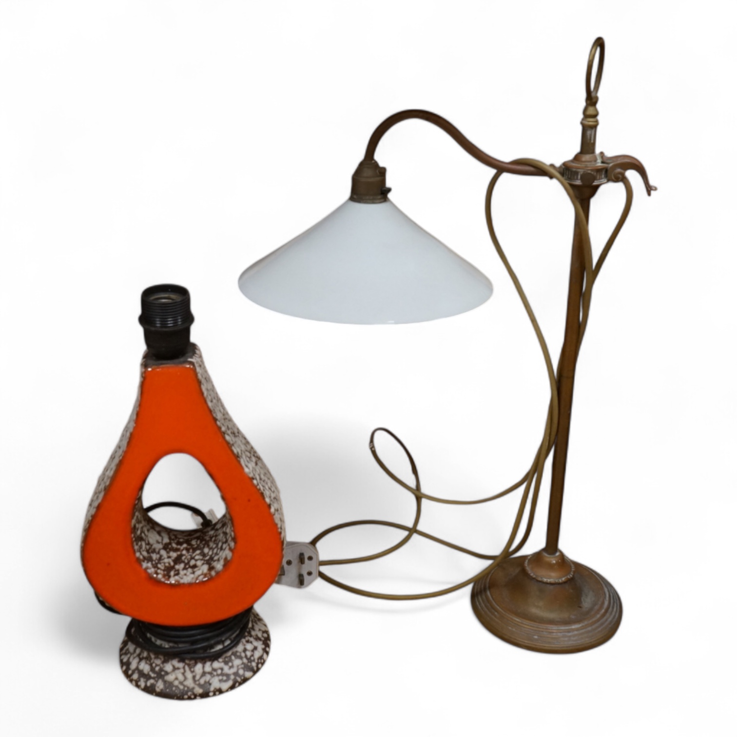 Two lamps comprising a 1960s Herdu ceramic lamp together with a brass and copper adjustable desk lamp, largest 56cm high